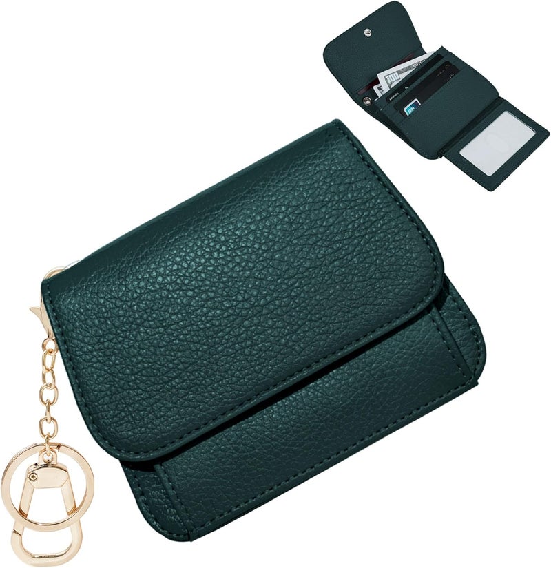 Sunpour Women Small Wallet RFID Blocking Slim Wallet with Coin Pocket Tri-Fold Credit Card Holder with ID Window and Keychain (Dark Green) - Image 1